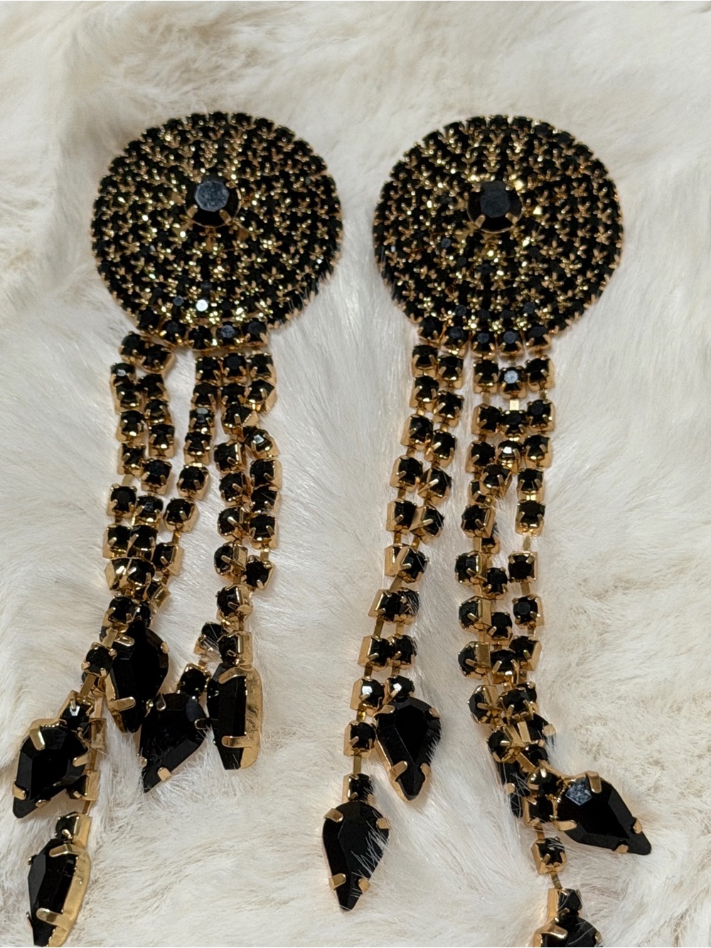 Elegant Black and Gold Statement Drop Earrings Post Back